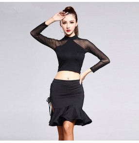 Long sleeves split set sexy fashion side split women's ladies female competition latin ballroom cha cha salsa dance dresses outfits skirts